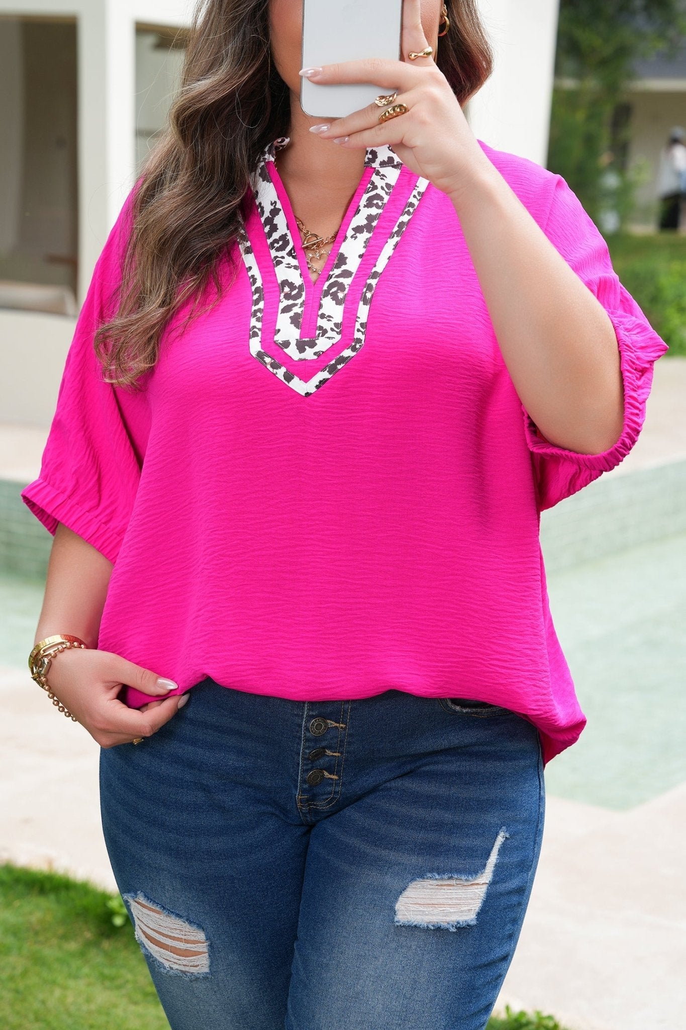 Plus Size Leopard Accent Notched Neck Top