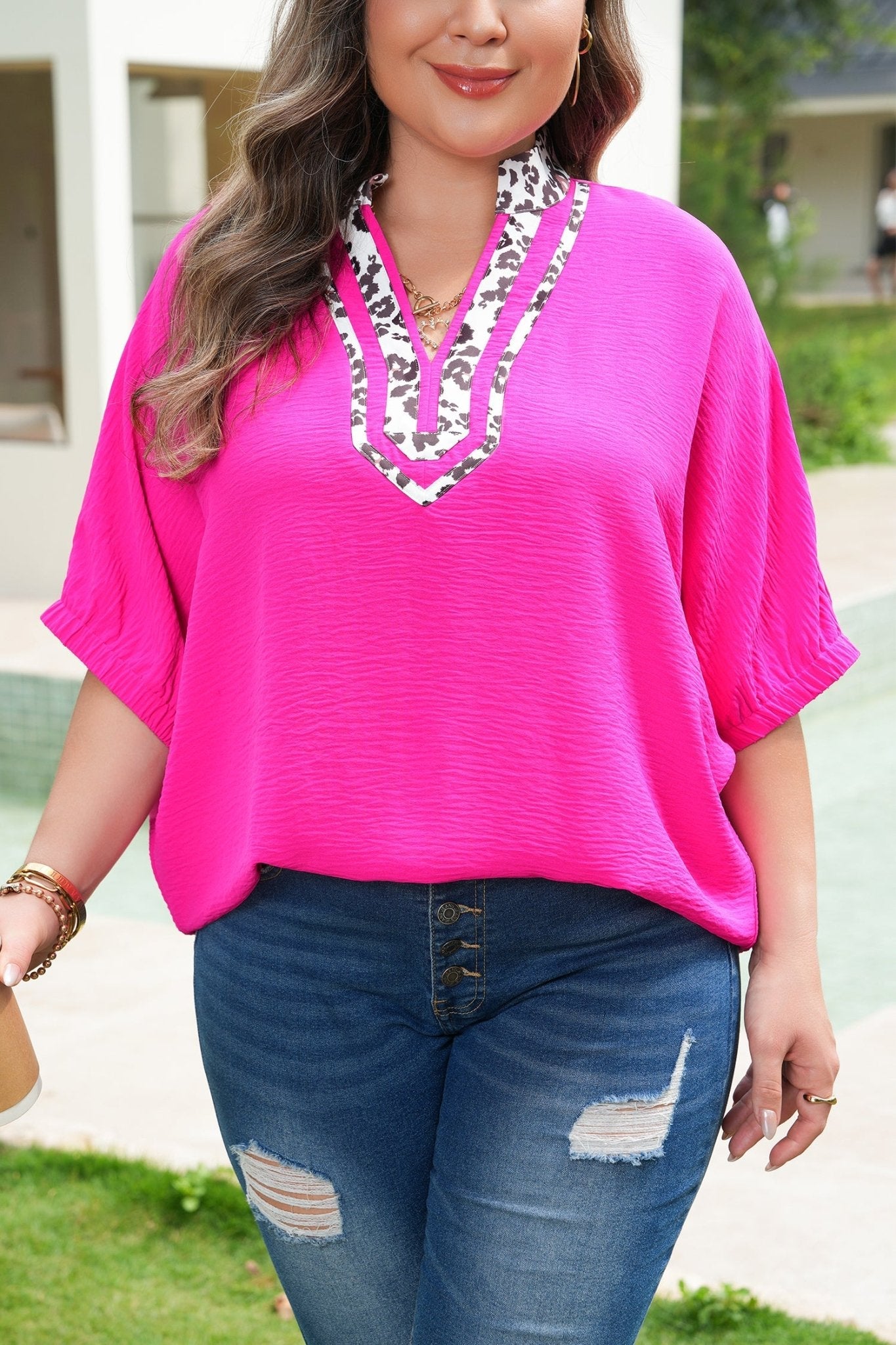 Plus Size Leopard Accent Notched Neck Top