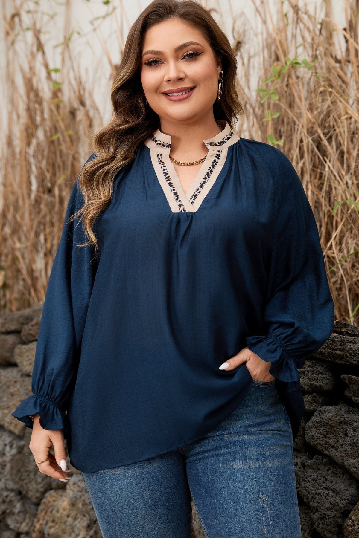 Plus Size Leopard Patchwork Collar Flounce Sleeve Blouse