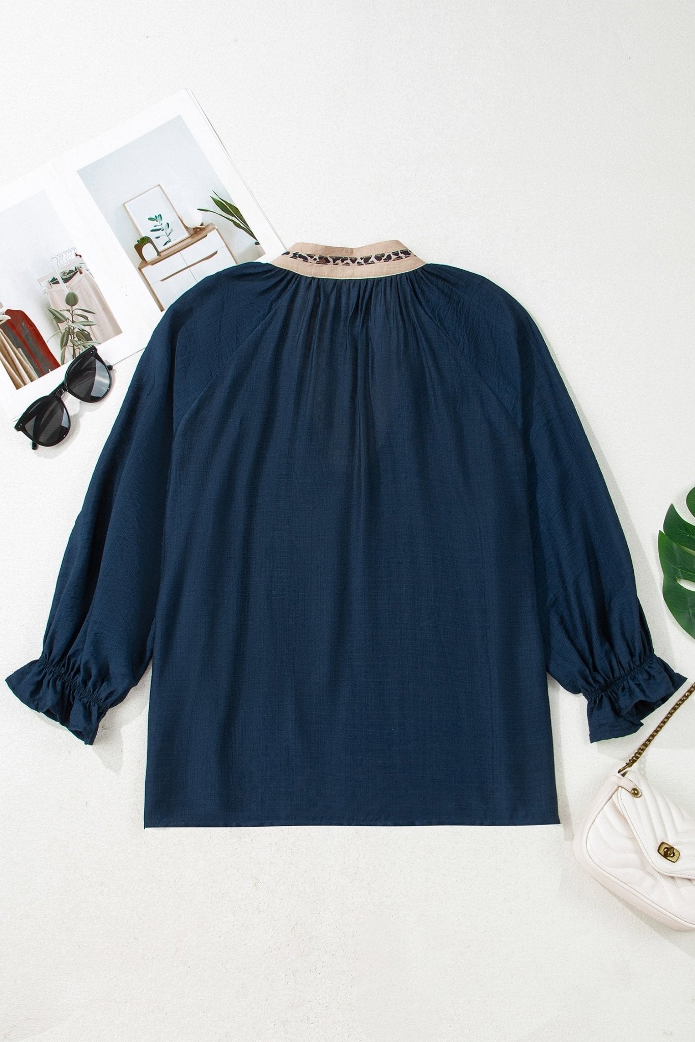 Plus Size Leopard Patchwork Collar Flounce Sleeve Blouse