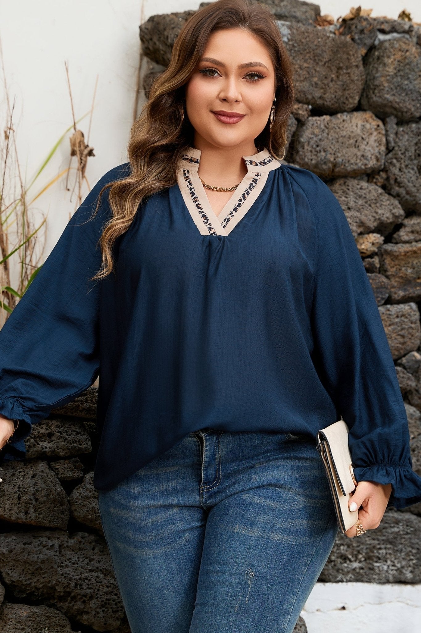 Plus Size Leopard Patchwork Collar Flounce Sleeve Blouse