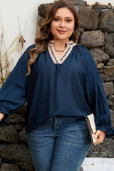 Plus Size Leopard Patchwork Collar Flounce Sleeve Blouse
