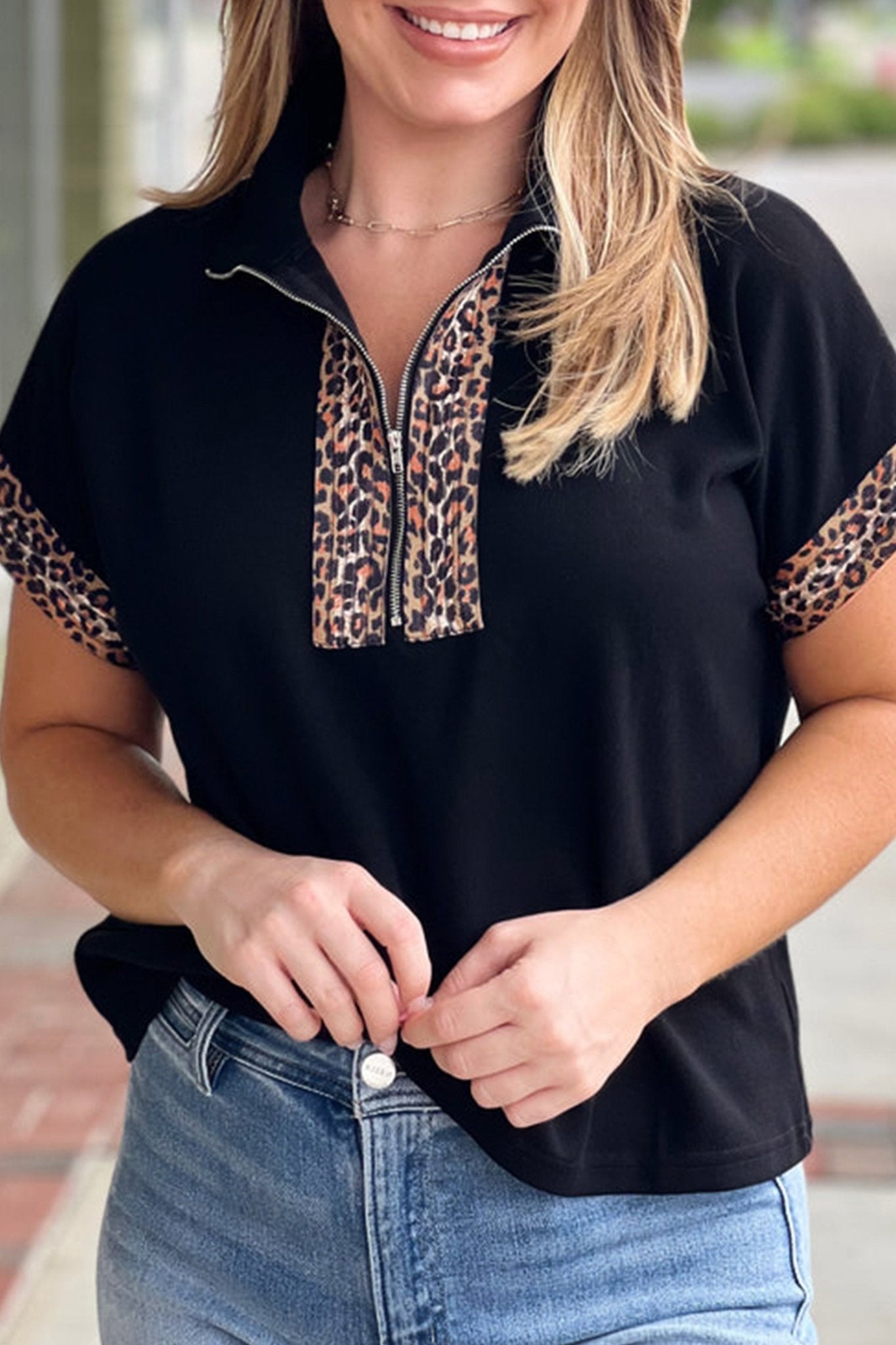 Plus Size Leopard Patchwork Half Zip Top